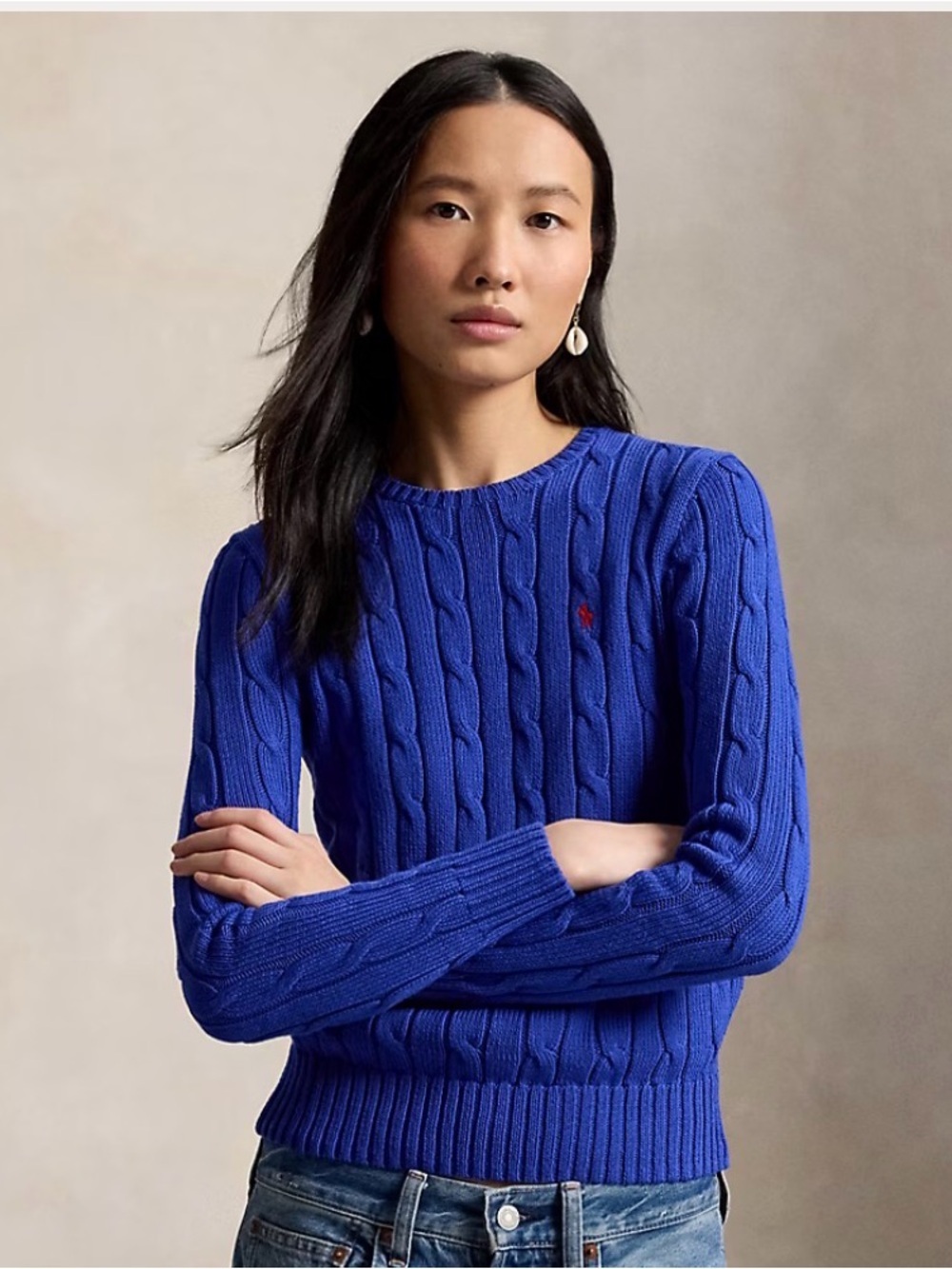 POLO RALPH LAUREN L Pima cotton Blue cable knit long sleeve old money pullover